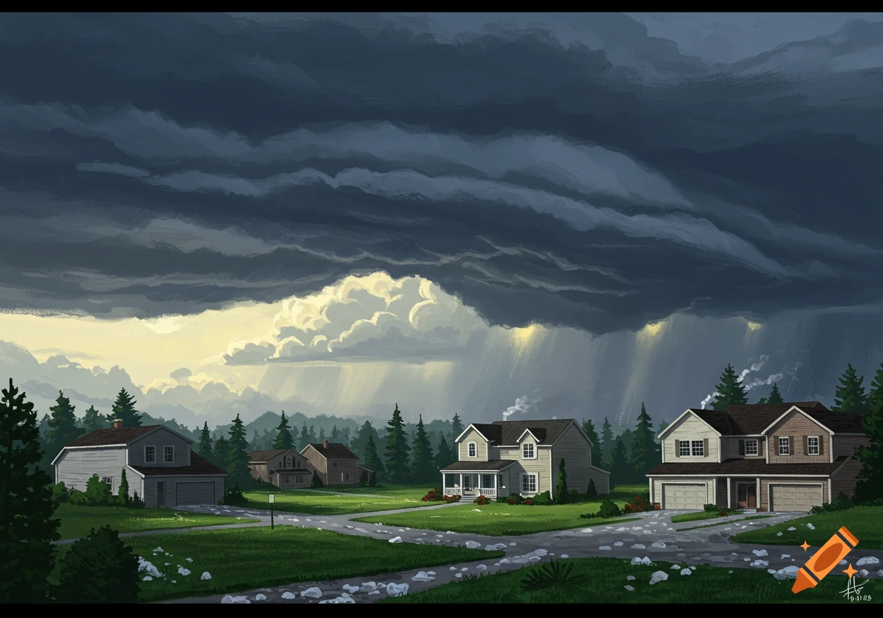 Illustration of suburban homes under a dramatic stormy and clearing sky with patches of sunlight.