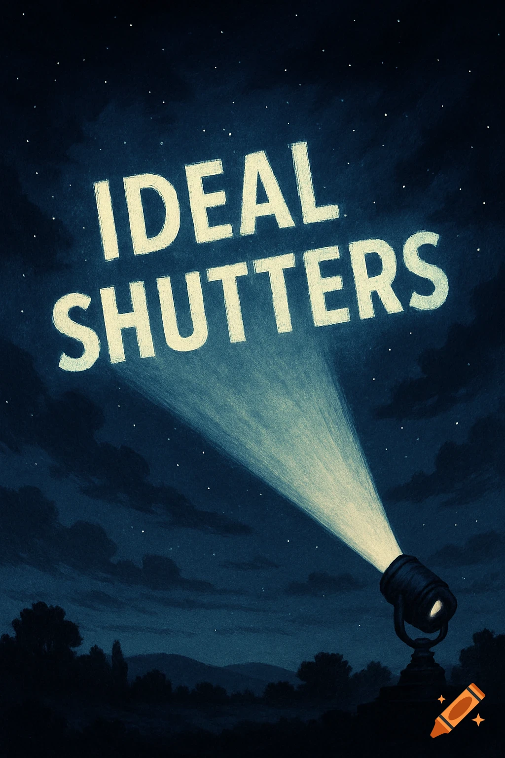 Spotlight shines on the words 'IDEAL SHUTTERS' in a starry night sky