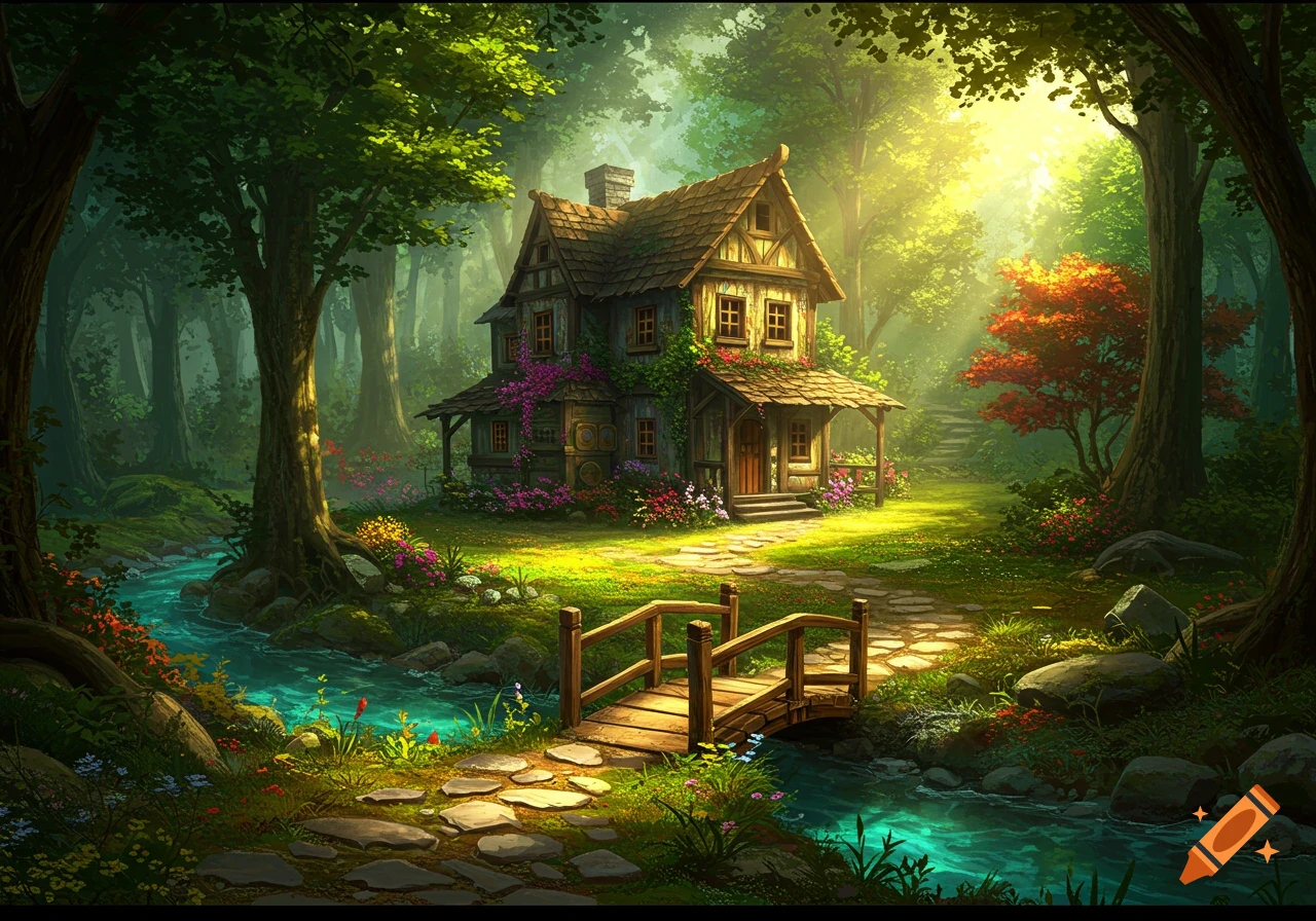 A fantasy cottage in a sunlit forest with a stream and bridge.