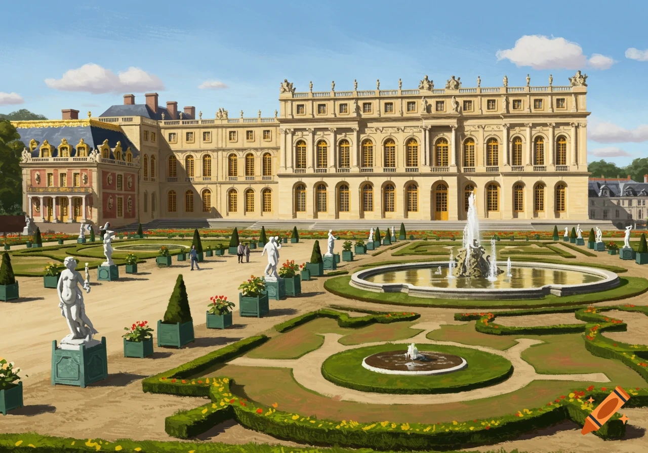 The Palace of Versailles and formal gardens with fountains and statues, illustrative style.