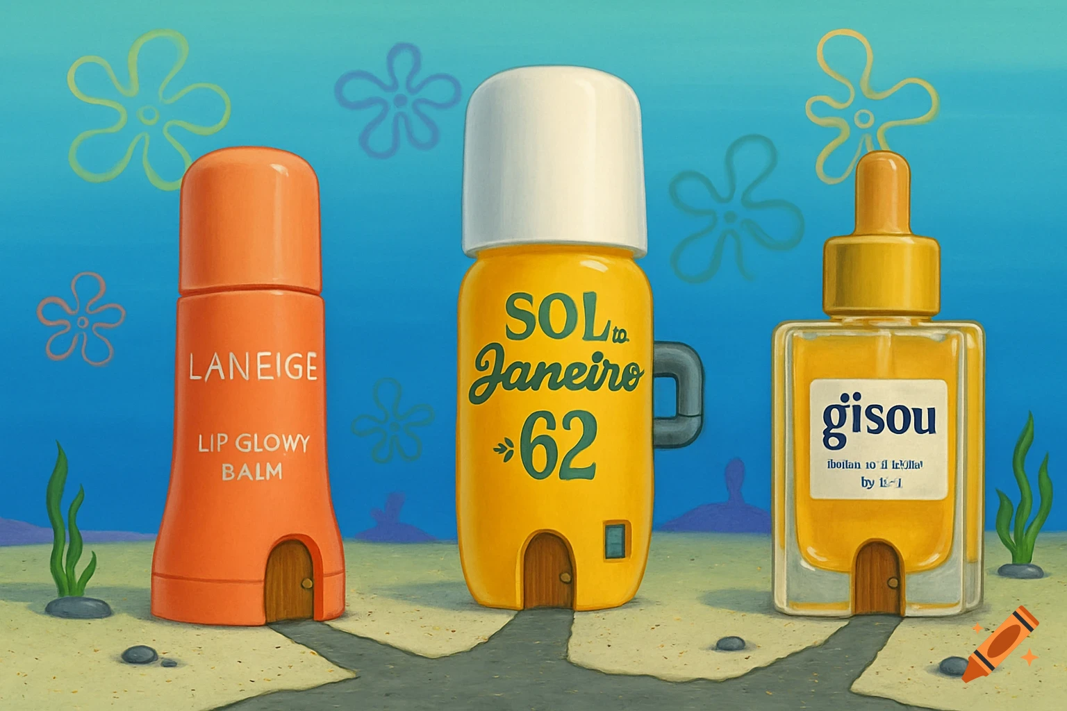 Three cosmetic products shaped like Spongebob houses in a cartoon underwater scene.