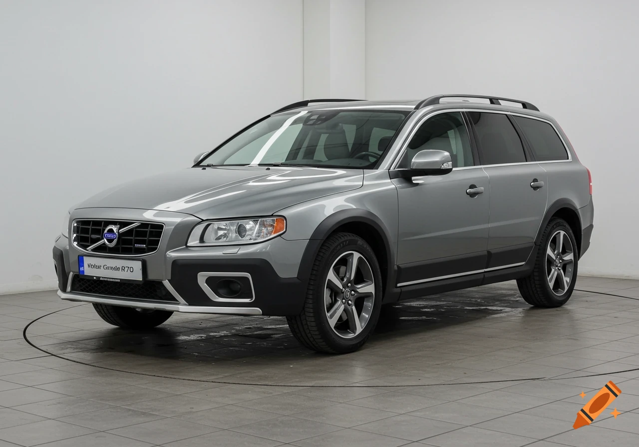 A grey Volvo XC70 station wagon parked in a white studio.