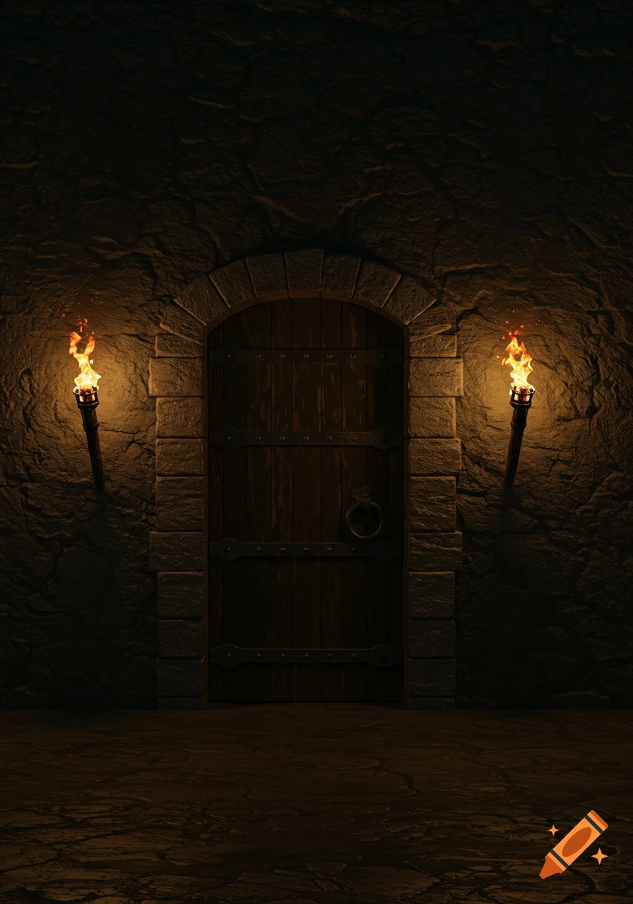 A dark dungeon corridor with a wooden door in a stone archway, lit by two torches.