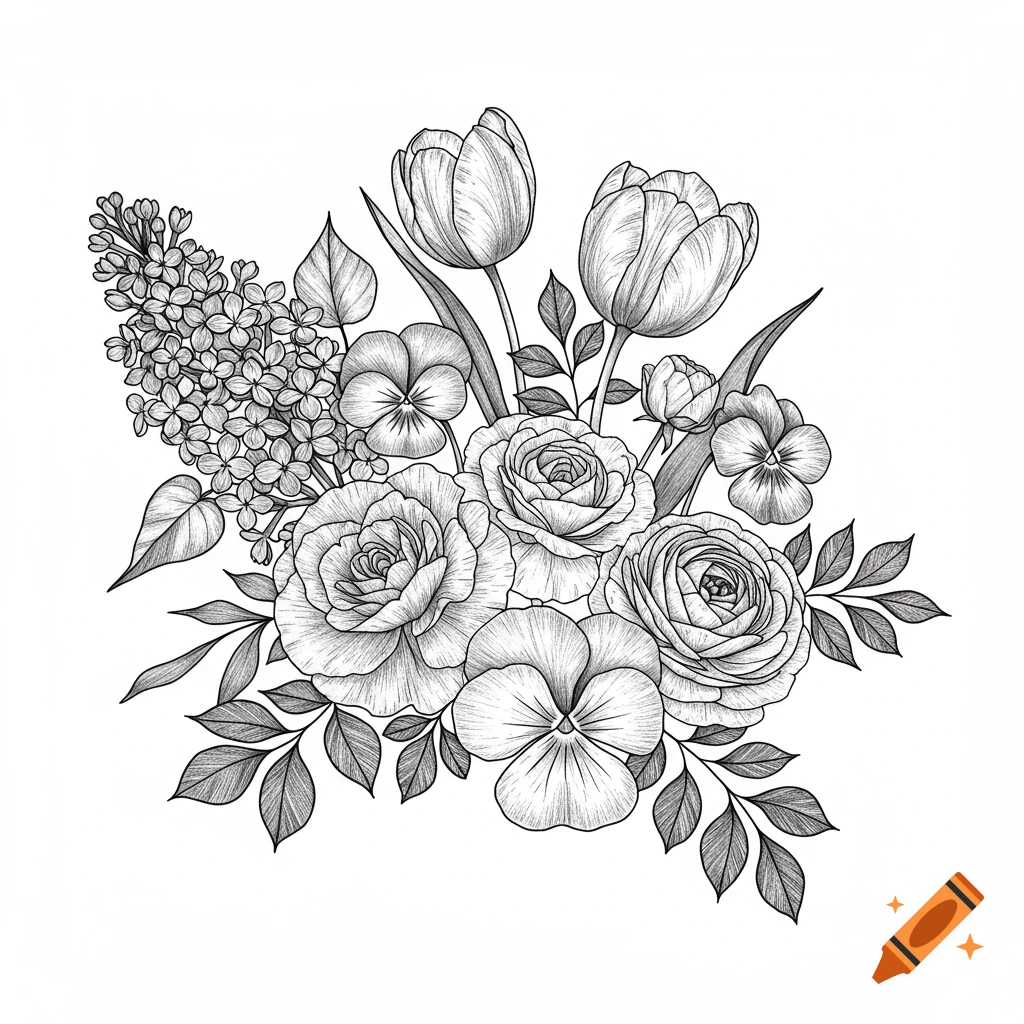 Black and white line art of a bouquet with lilacs, tulips, roses, and pansies, suitable for a tattoo design.
