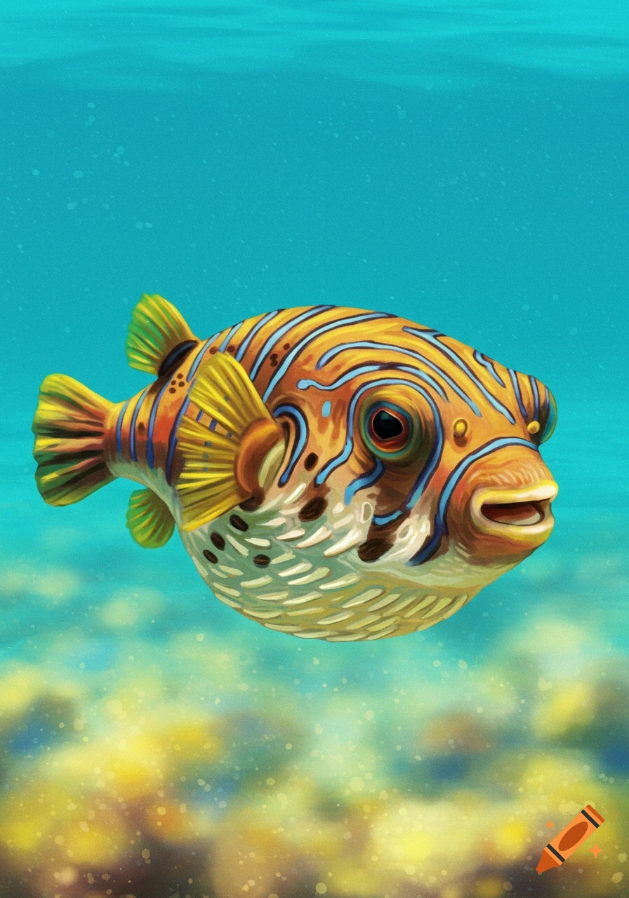 Illustration of a striped puffer fish swimming underwater
