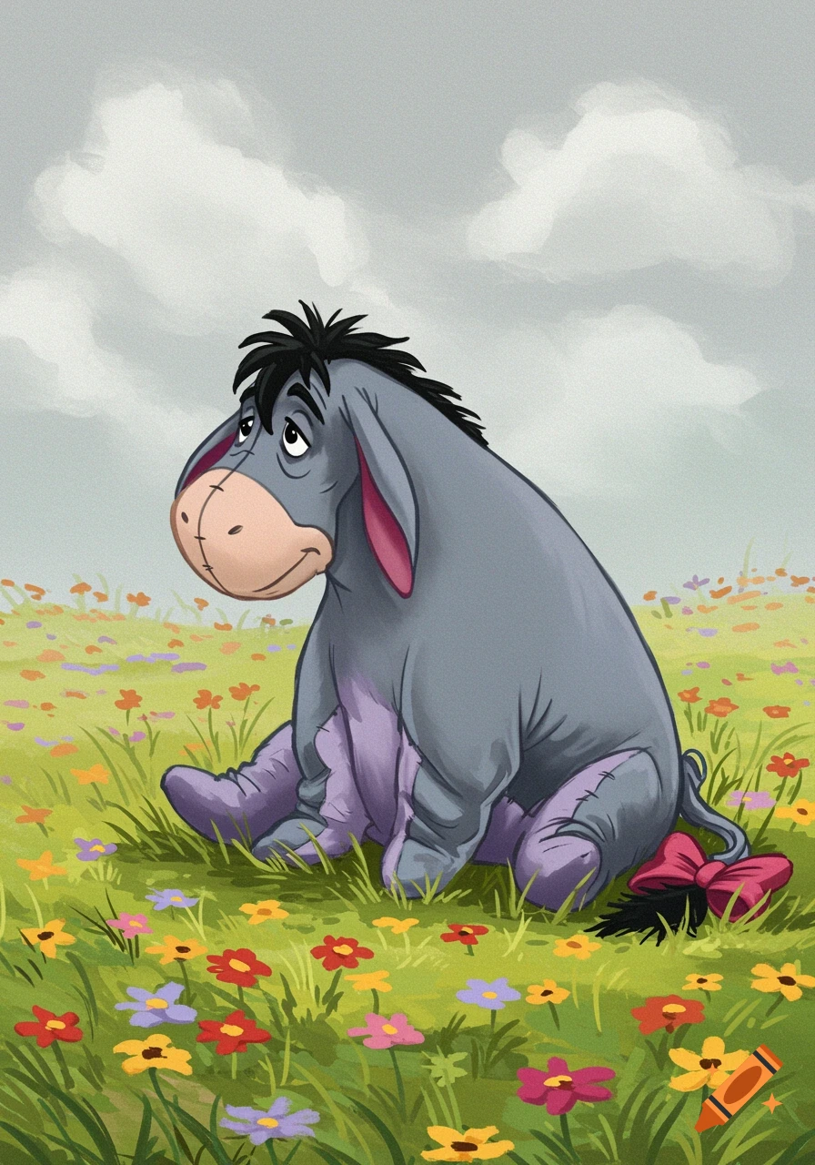 Eeyore sits dejectedly in a field of colorful flowers under a cloudy sky.