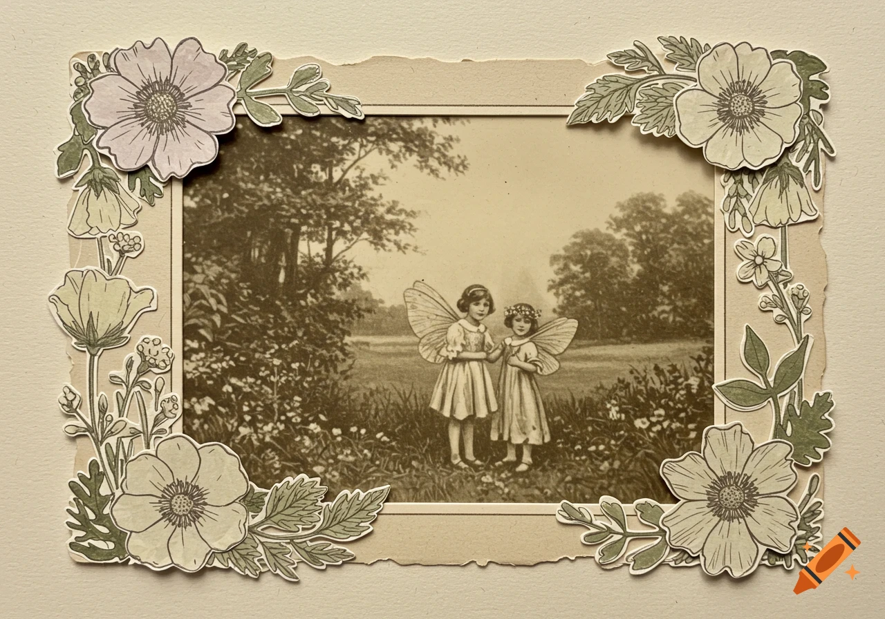 Two young girls dressed as fairies stand in a field, framed by a vintage floral border in the style of the Cottingley fairies.