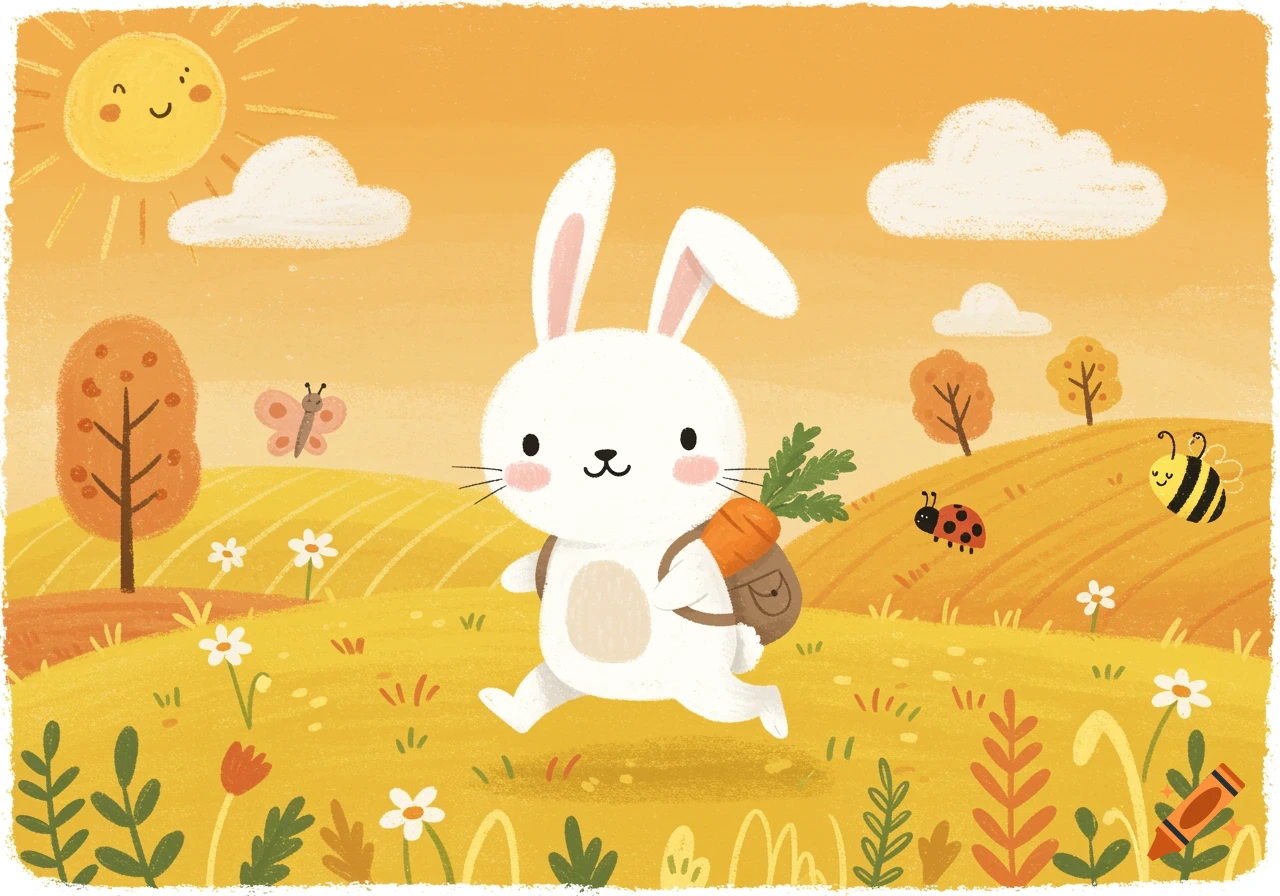 Cute storybook illustration of a bunny hopping through a field with a carrot backpack, sun, and insects.