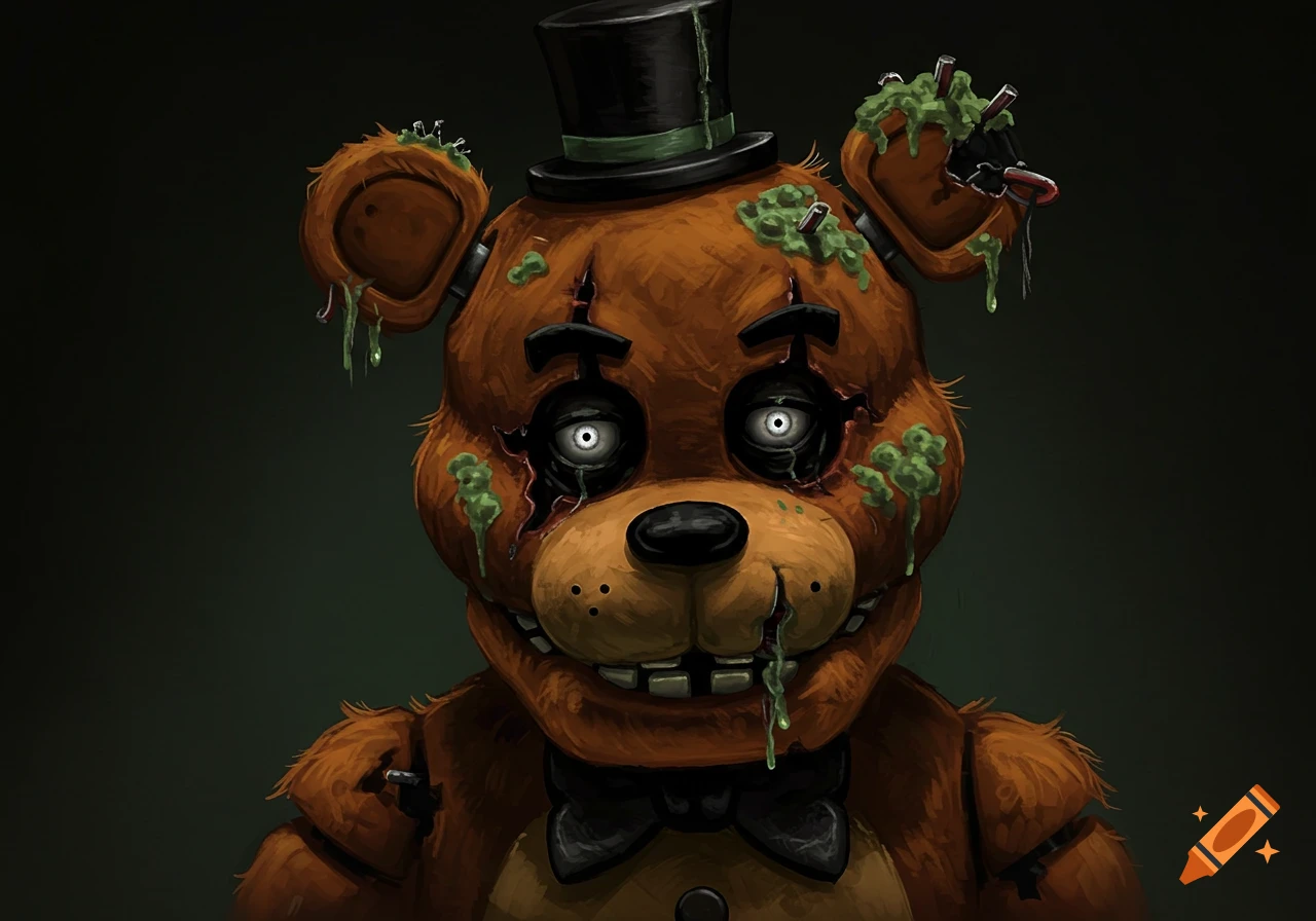 Creepy animatronic bear with top hat, bow tie, and green mold