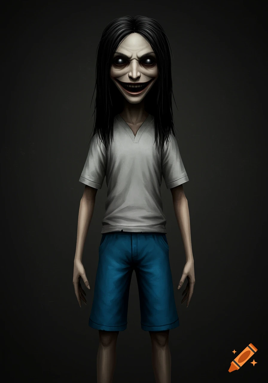 A creepy figure with long black hair, pale skin, grinning mouth, glowing eyes, wearing a white t-shirt and blue shorts.