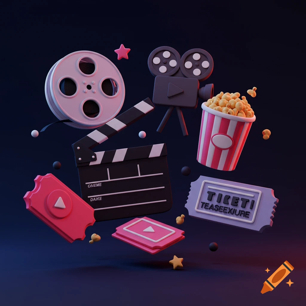3D rendering of cinema icons including film reel, clapperboard, popcorn, and tickets floating in the air.