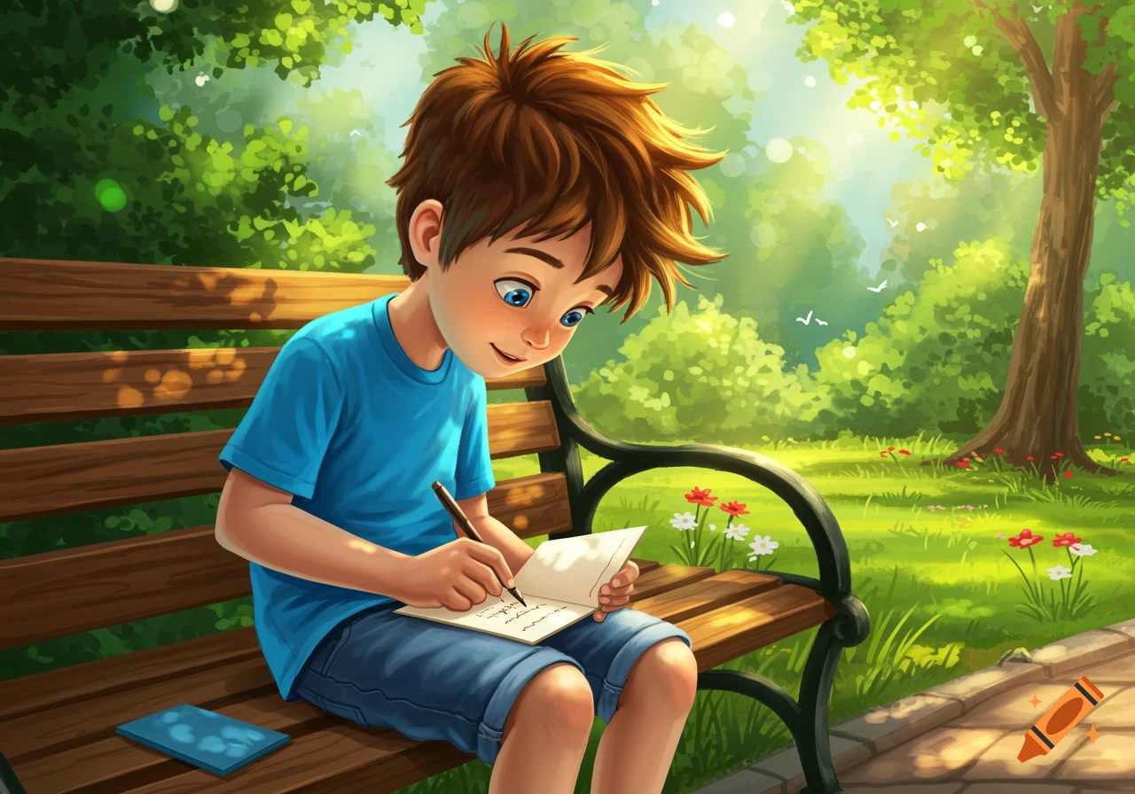 Illustration of a boy writing in a notepad while sitting on a park bench.