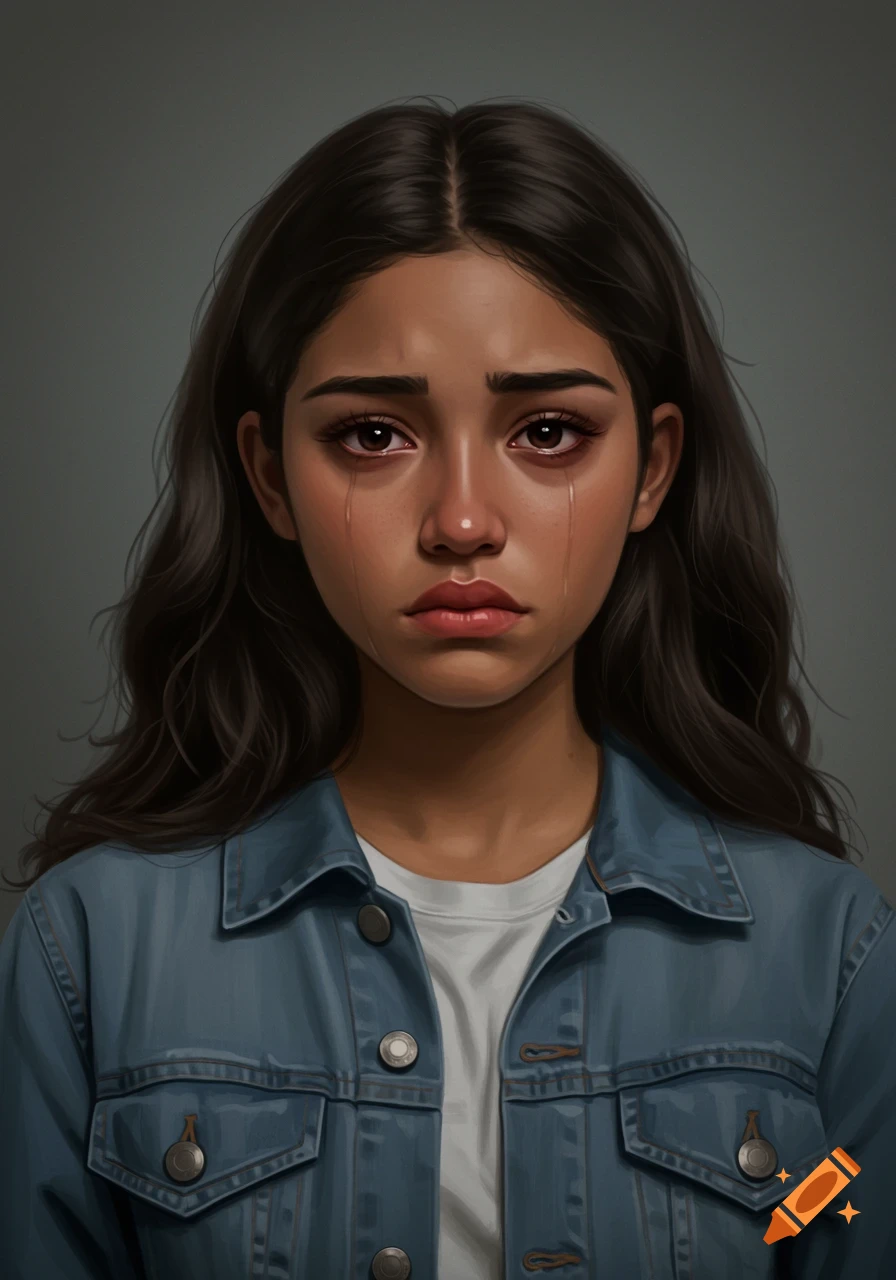 Realistic portrait of a sad girl with tears streaming down her face, wearing a denim jacket.