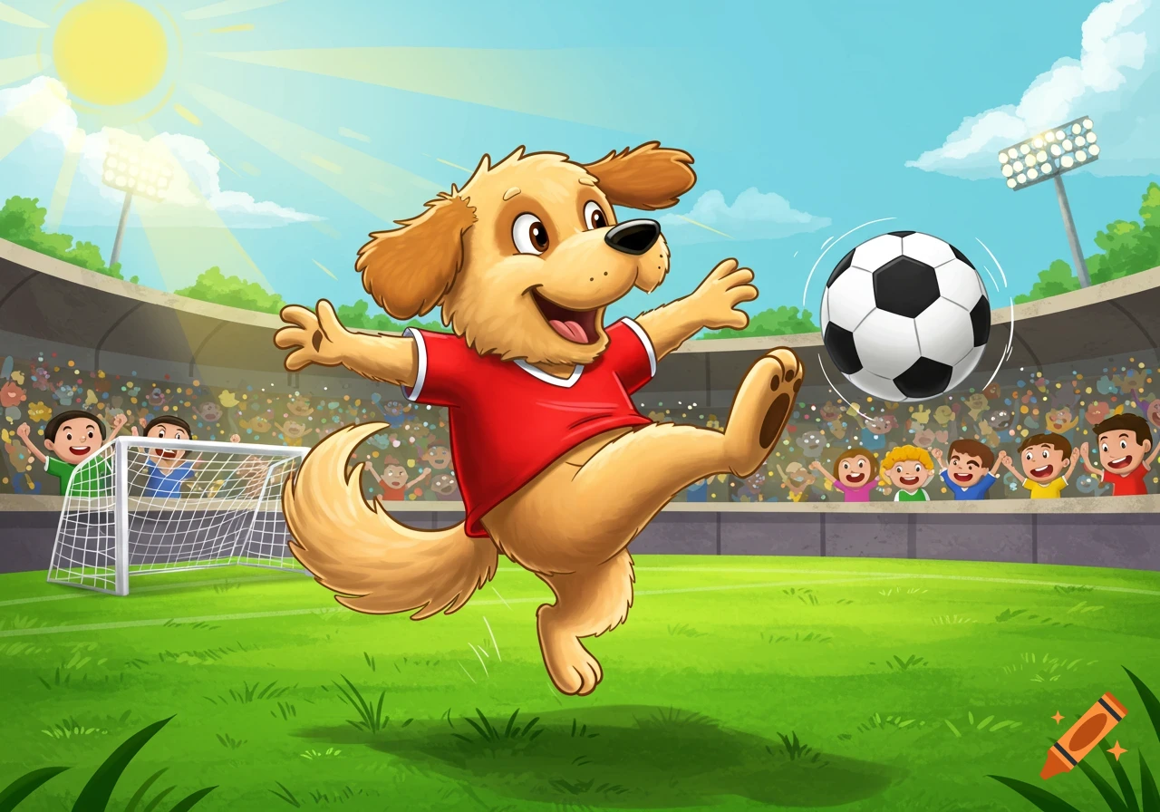 A cartoon dog in a red shirt plays soccer in a crowded stadium. on Craiyon