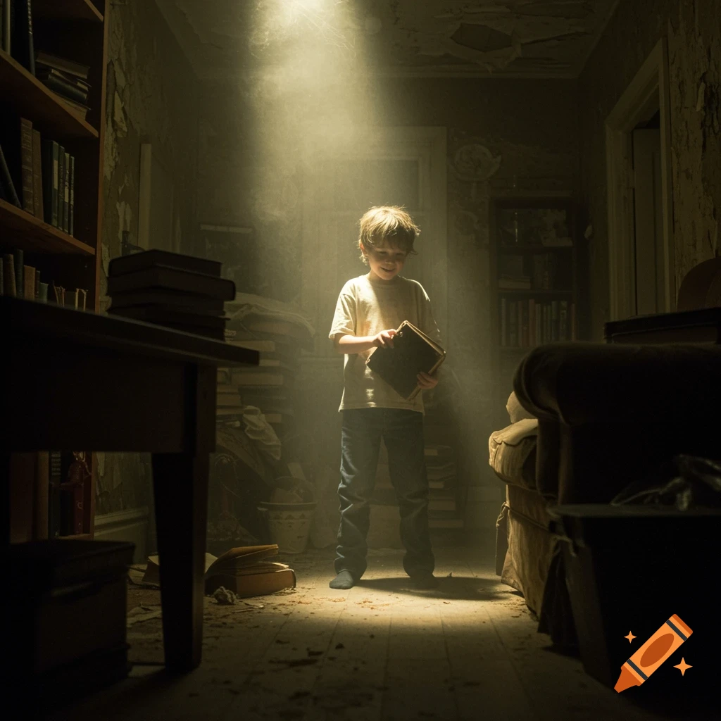 A child holds a book in a dusty, dimly lit room with bookshelves and furniture, lit by a ray of light from above.