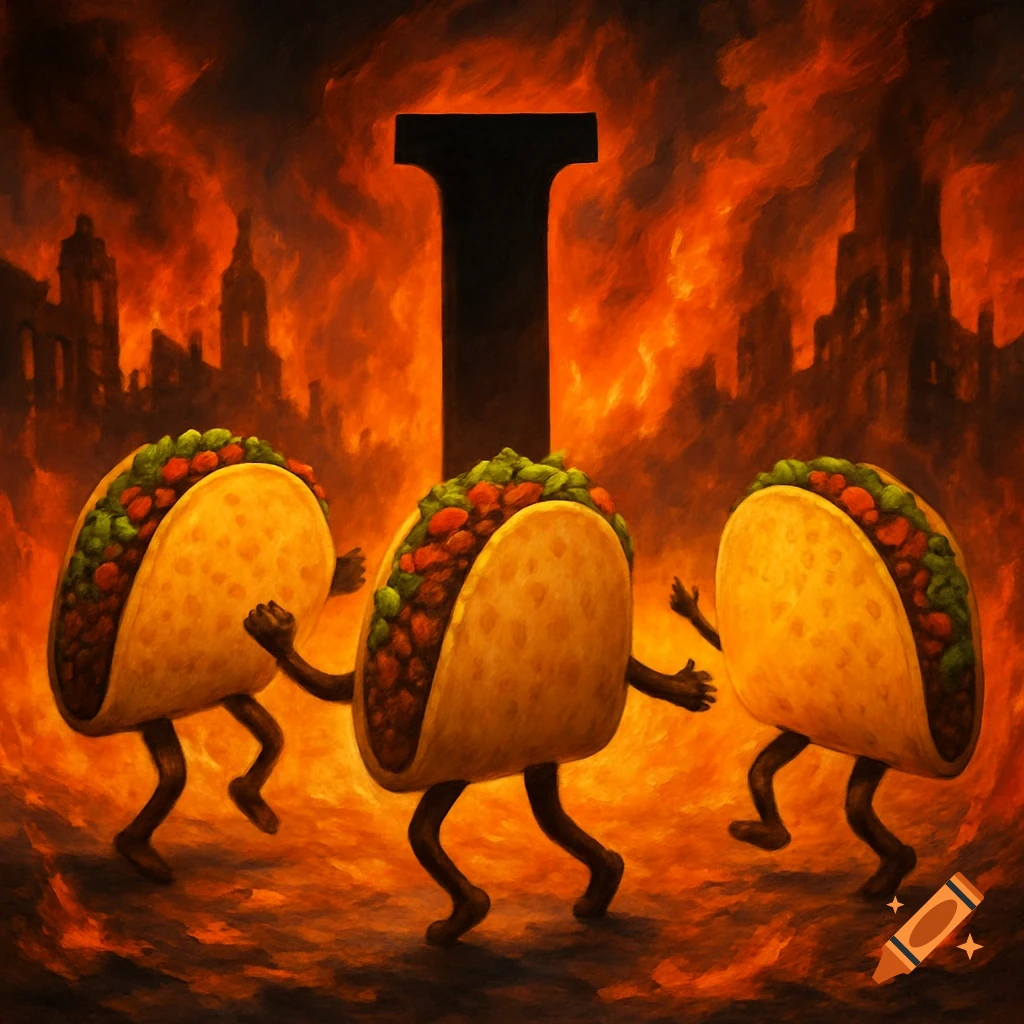 Three dancing tacos surround a giant letter I in a burning city. Painterly style.