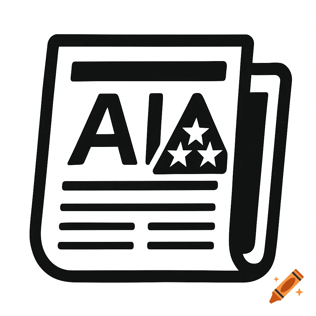 Black and white icon of a newspaper with an AI logo.