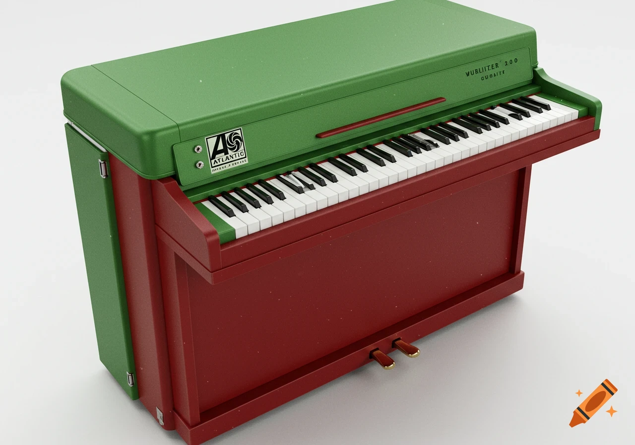 A 3D render of a green and red electric piano, resembling a Wurlitzer.