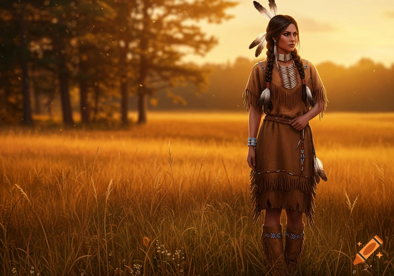Native American woman in buckskin dress standing in a golden field at sunset.