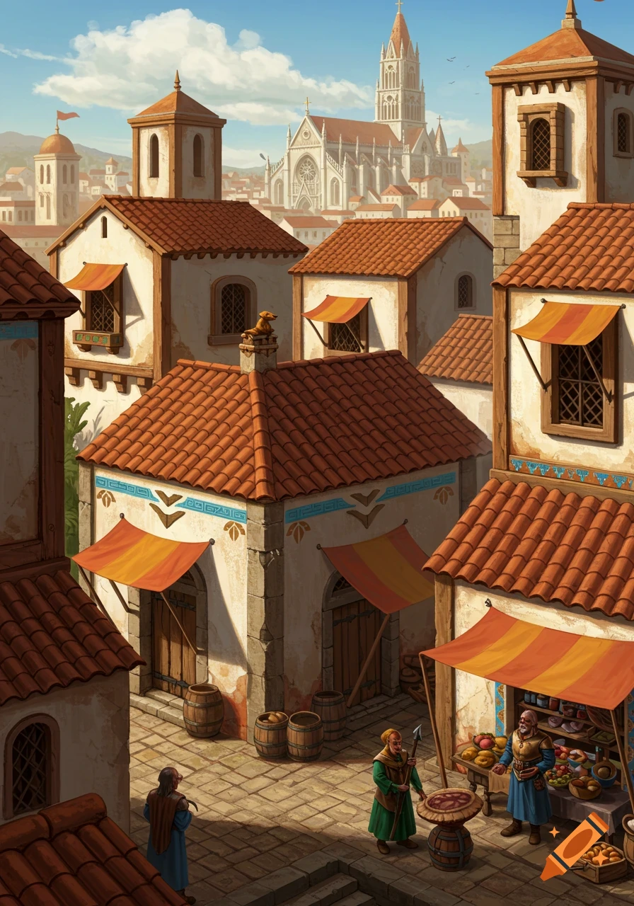 Detailed illustration of a fantasy town square with stucco buildings, tile roofs, a marketplace, and a large cathedral.