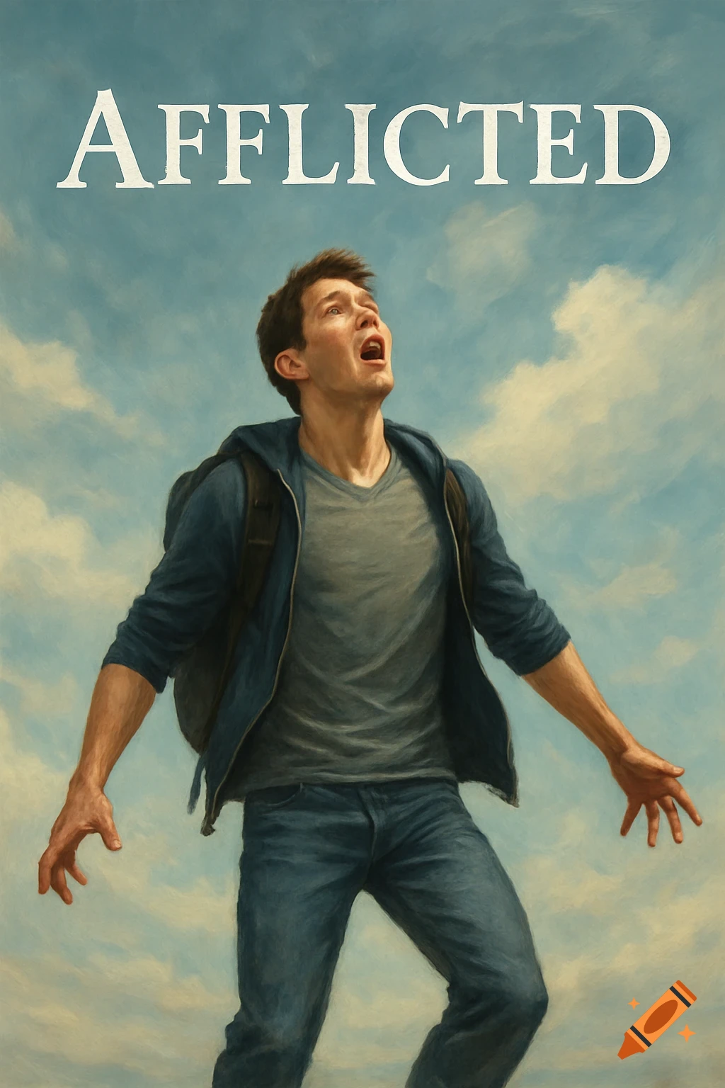 A man with an open mouth and wide eyes looks upwards in distress against a cloudy sky, with the word "AFFLICTED" across the top.
