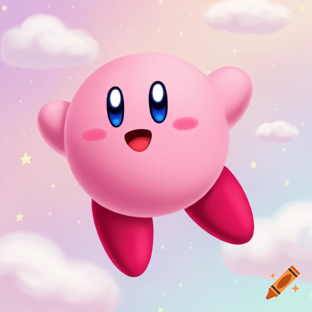 Pink character Kirby floats in a pastel sky with clouds and stars.