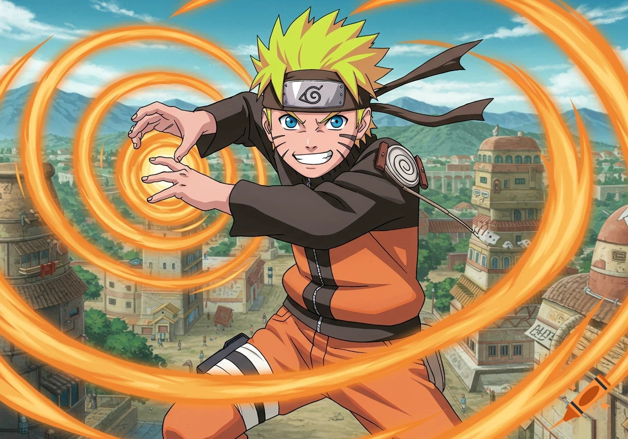 Anime illustration of Naruto casting a spiraling orange energy ball in a village.