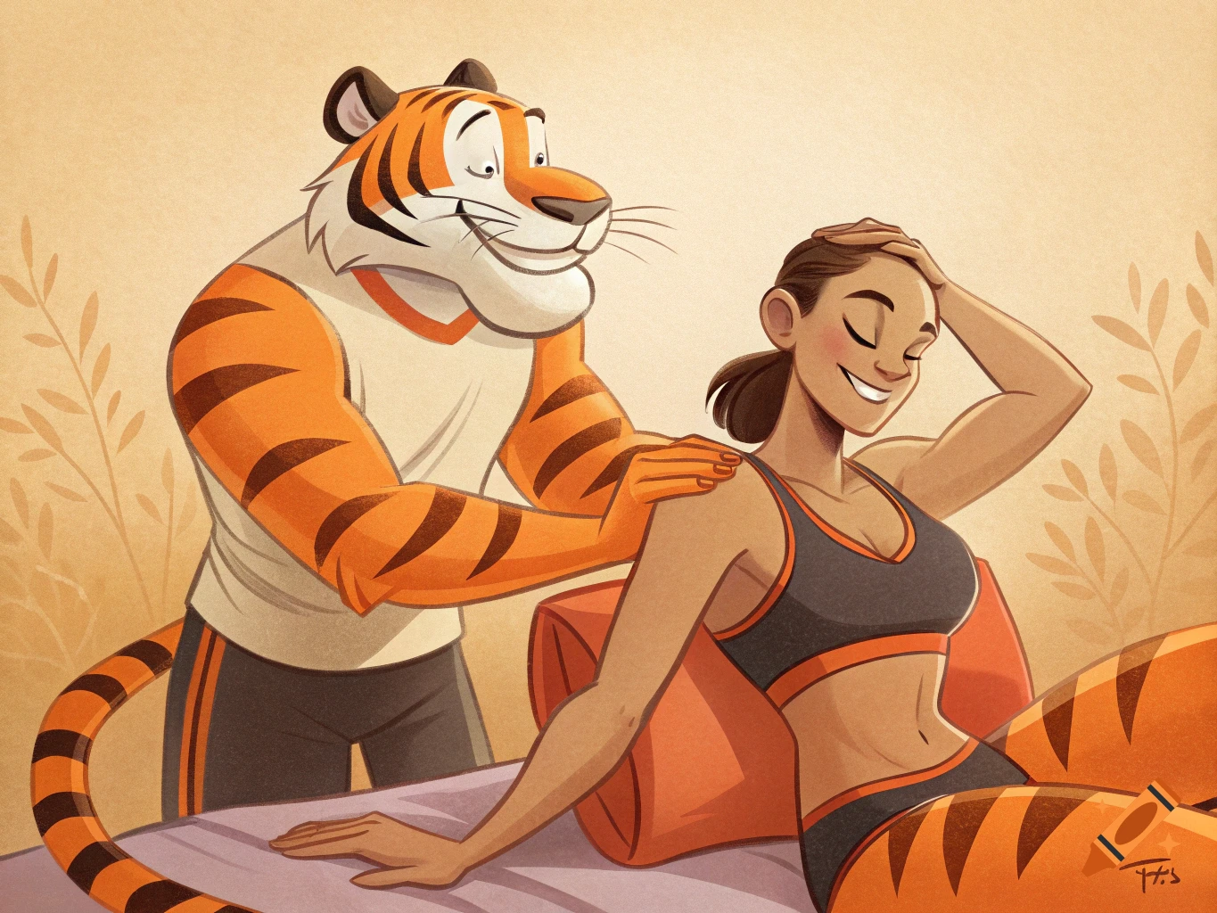 A cartoon anthropomorphic tiger gives a woman a shoulder massage.