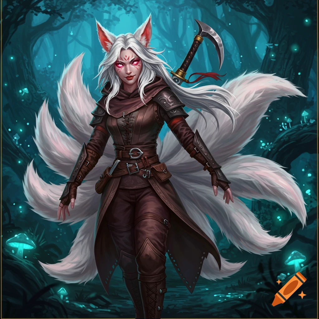 Fantasy art of a white-haired female Kitsune with glowing red eyes and nine tails, wearing leather armor, in a dark forest.