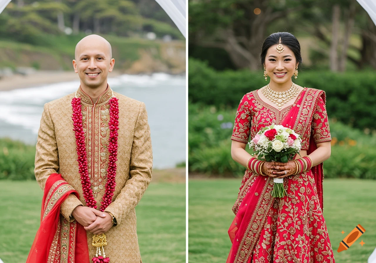 A couple in traditional Indian wedding attire stands outdoors. The ...