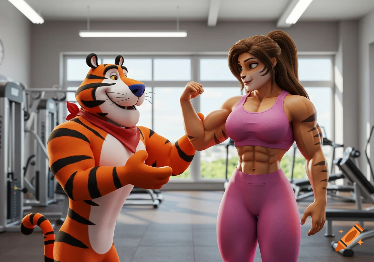 Tony the Tiger touches the arm of a muscular anthropomorphic tigress in a gym, 3D animation.