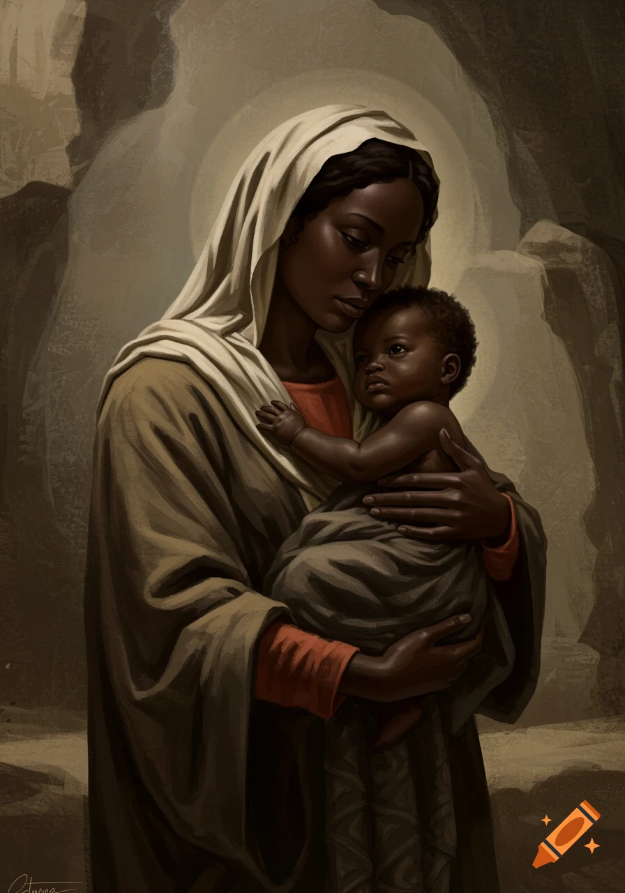 A Black woman holding a baby in a classical painting style.