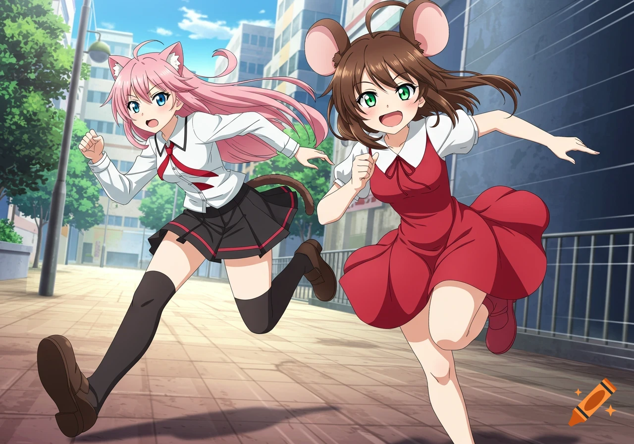 Two anime girls, one with pink hair and cat ears, the other with brown hair and mouse ears, run excitedly down a city street.