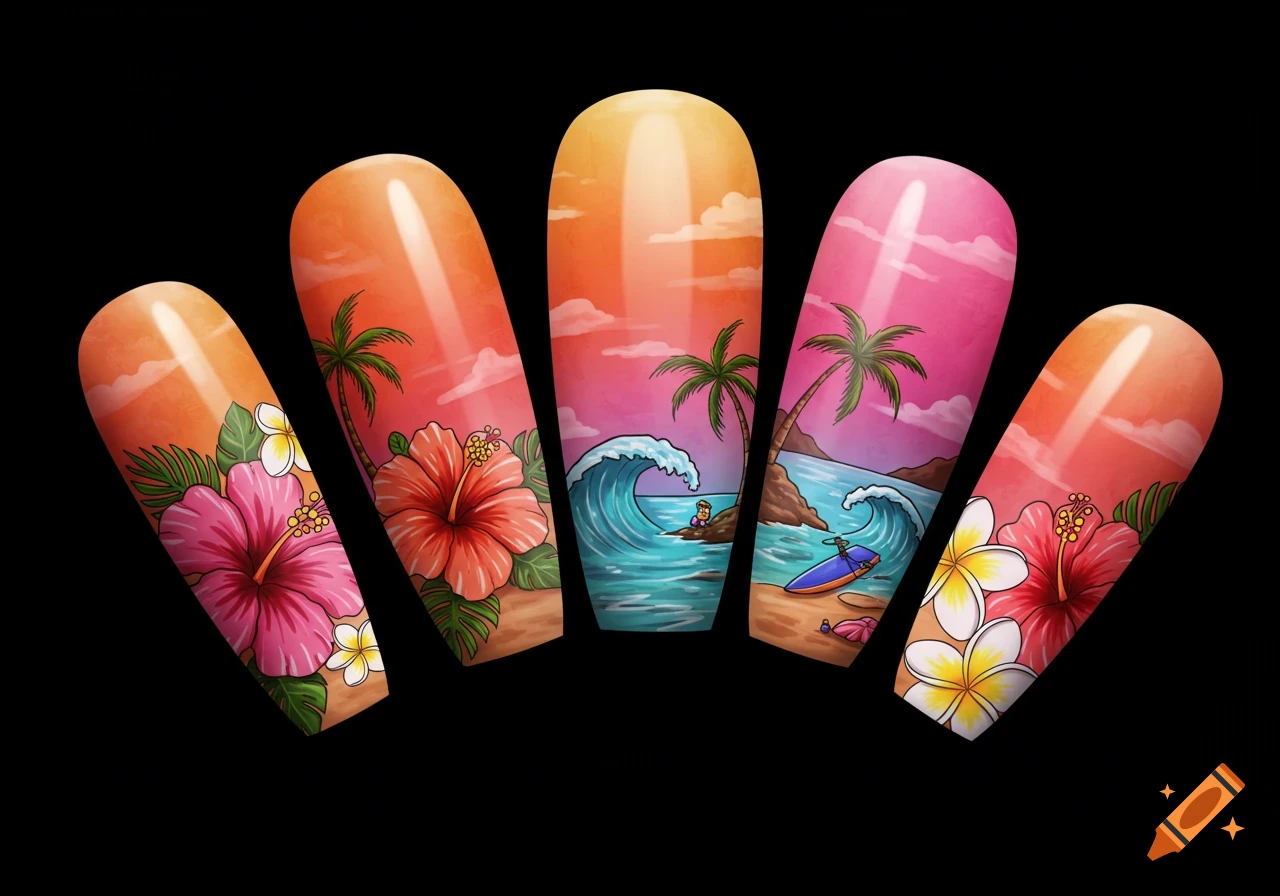 Tropical beach scenes and flowers on acrylic nails