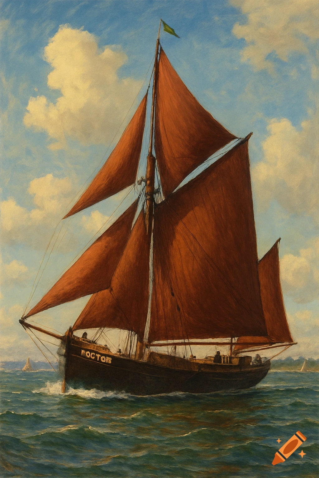 A painting of a sailing barge with red sails on the water under a cloudy sky