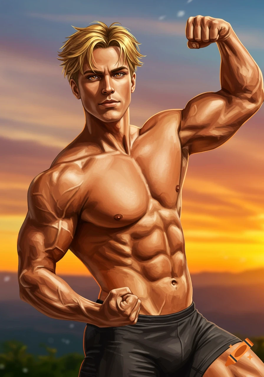 A muscular man with blonde hair flexing his biceps against a sunset background.