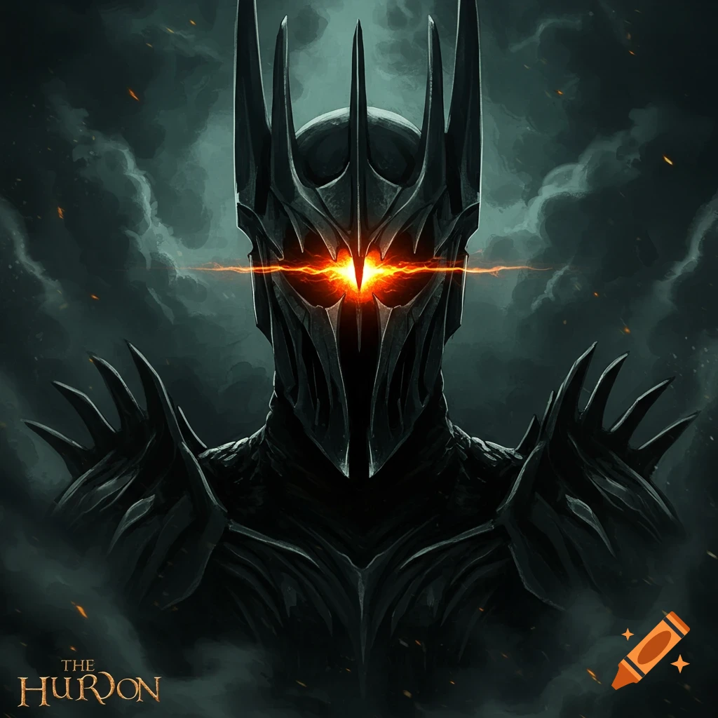 Close-up digital painting of Sauron's armored head and shoulders with glowing red eyes against a smoky background.