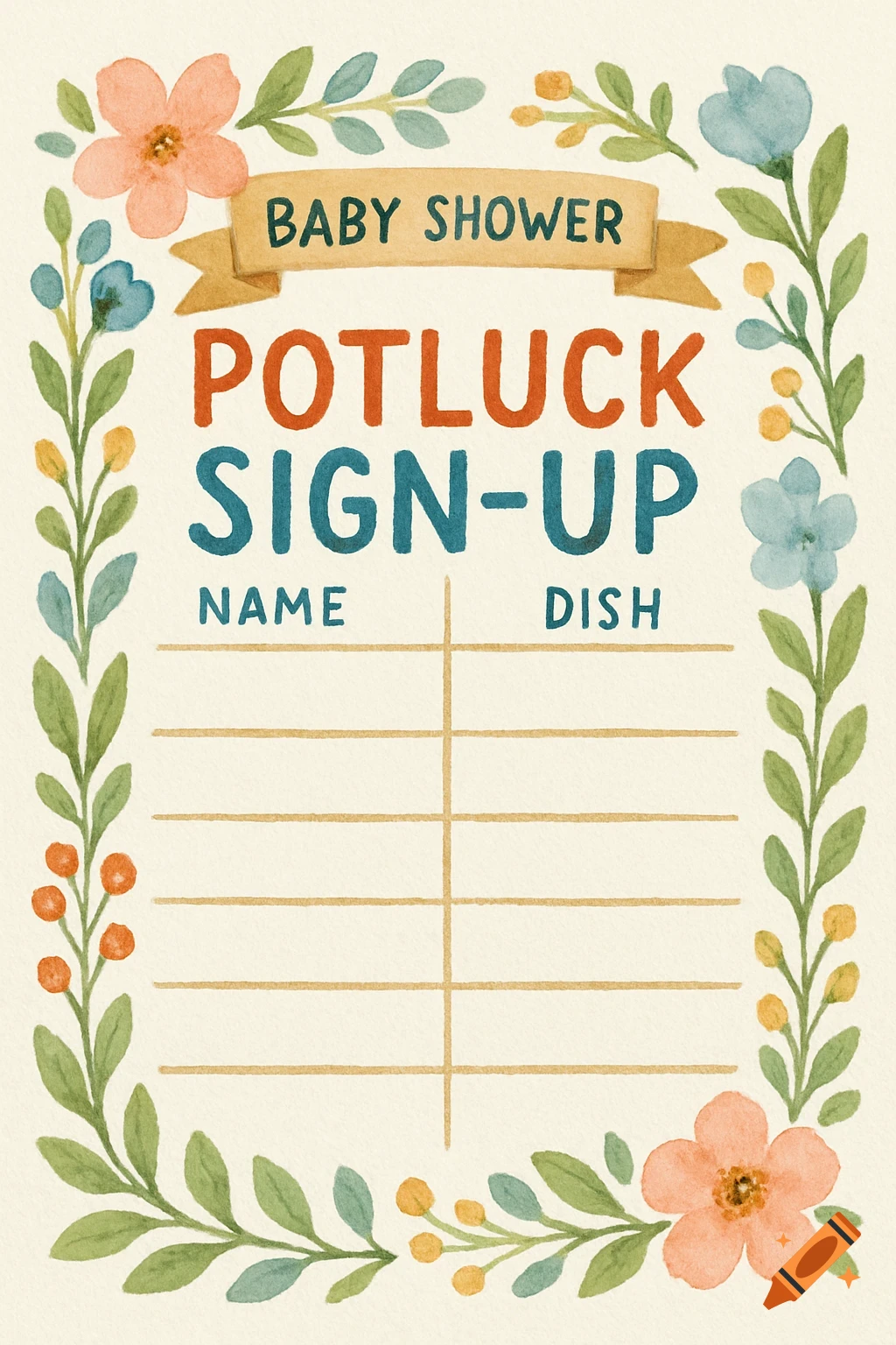 Baby shower potluck sign-up sheet with watercolor floral decoration.