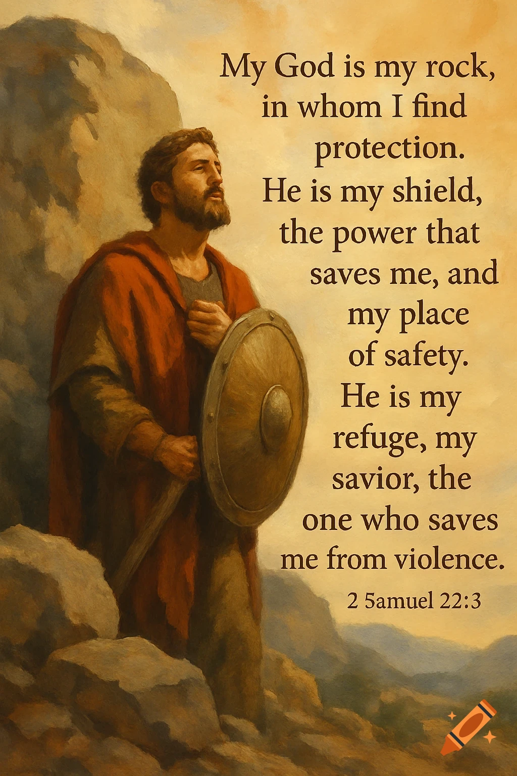 Painting of a man in a red cloak with a shield standing by rocks, with a biblical quote overlaid.