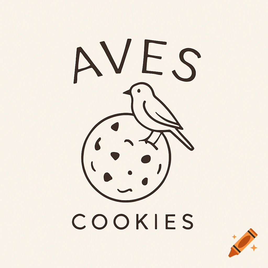 Minimalist logo with a fine line drawing of a bird perched on a cookie, text reads AVES COOKIES.