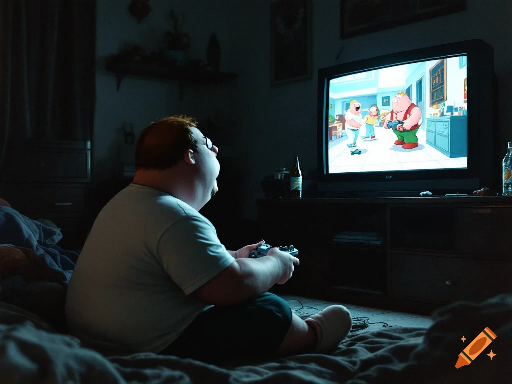 Cartoon character playing a video game on a CRT TV in a dark room