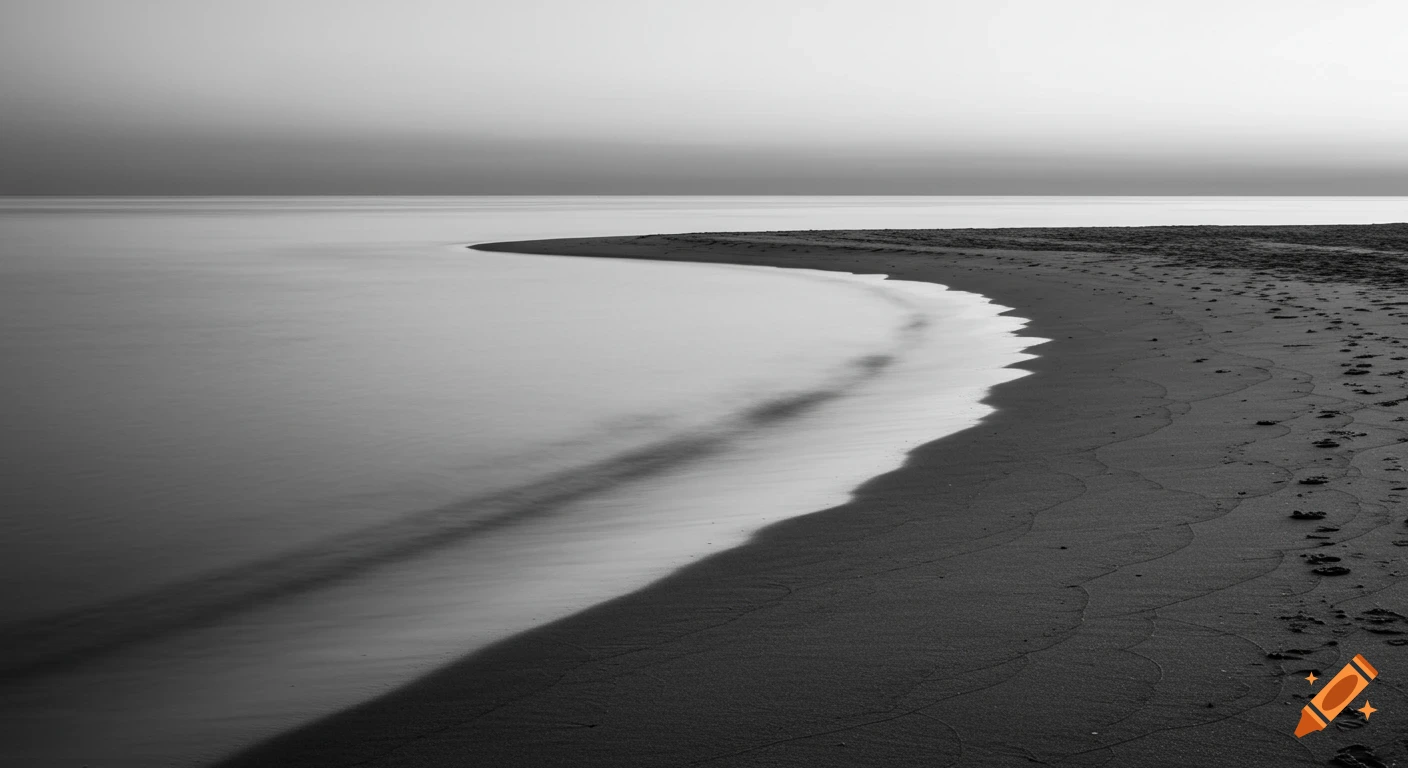Black and white photo of a curved beach shoreline with smooth water and footprints on the sand.