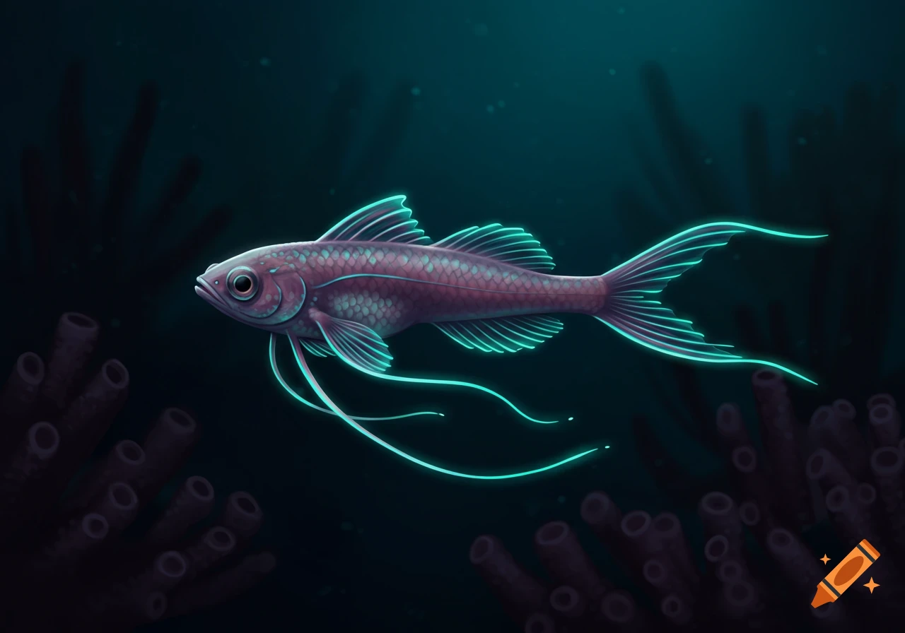 Illustration of a luminous deep-sea fish with blue glowing fins and tendrils swimming by dark coral.