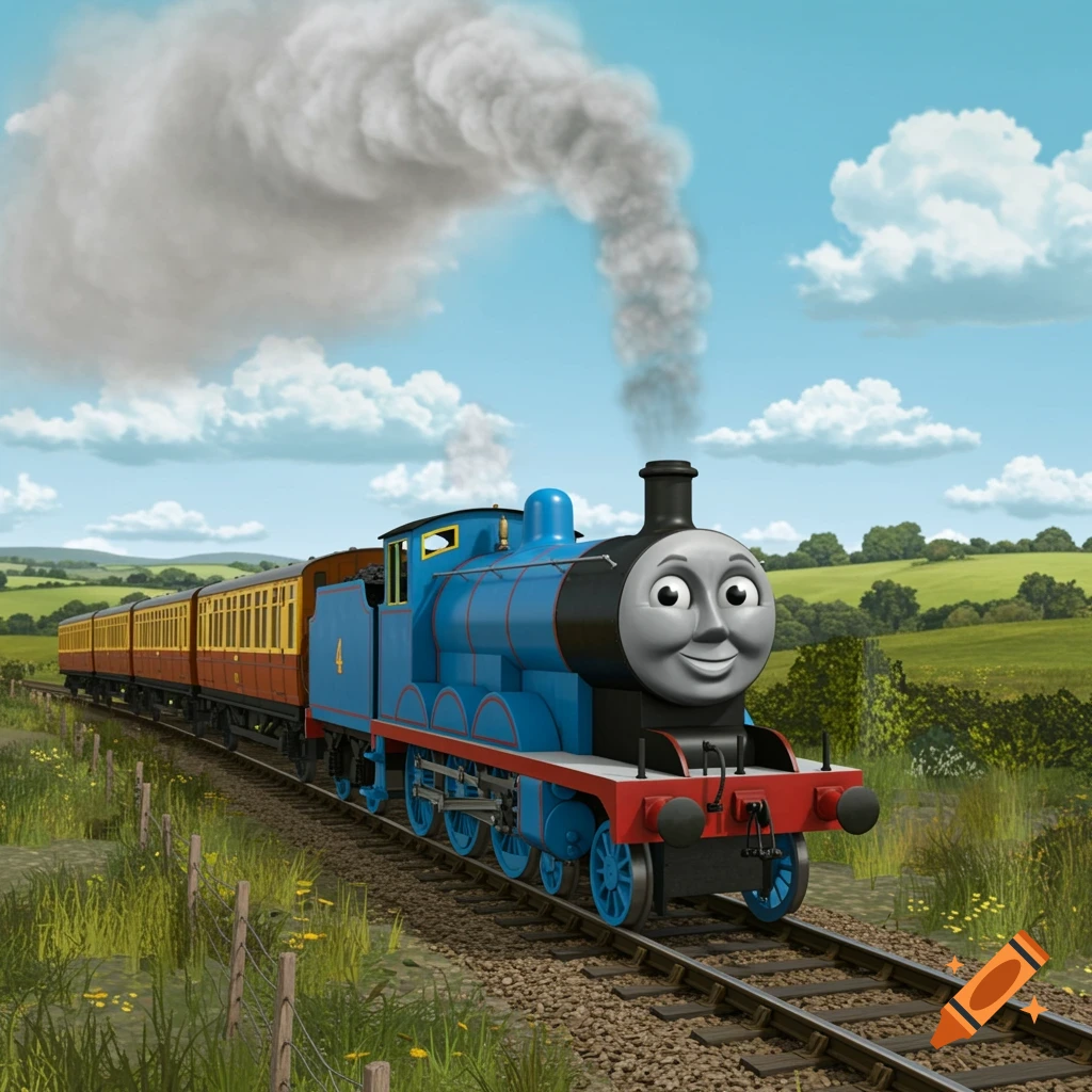 Cartoon blue train with a face pulls carriages through a green countryside