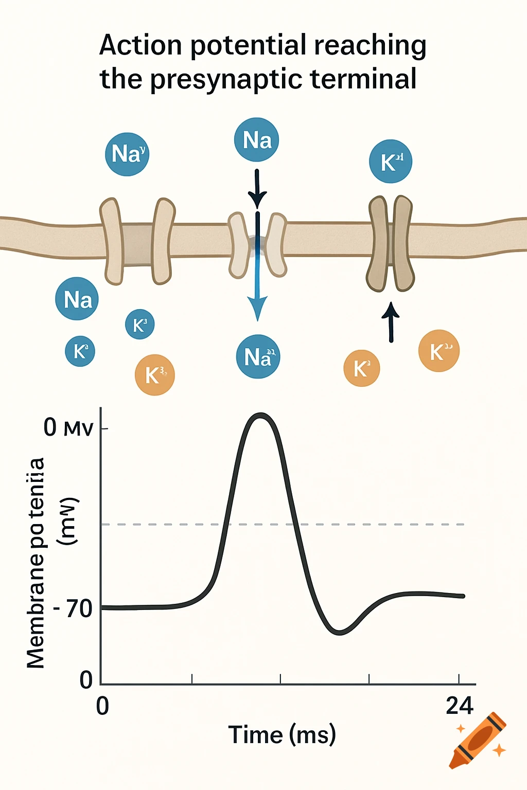 Diagram illustrating an action potential reaching a presynaptic terminal with ion movement and a graph of membrane potential.