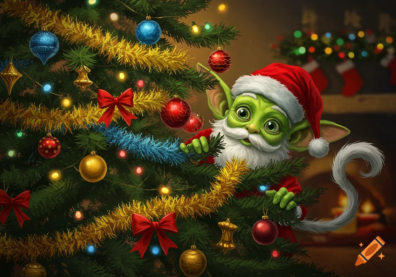 A cartoon creature resembling a green goblin or Yoda wearing a Santa hat peers from behind a decorated Christmas tree.