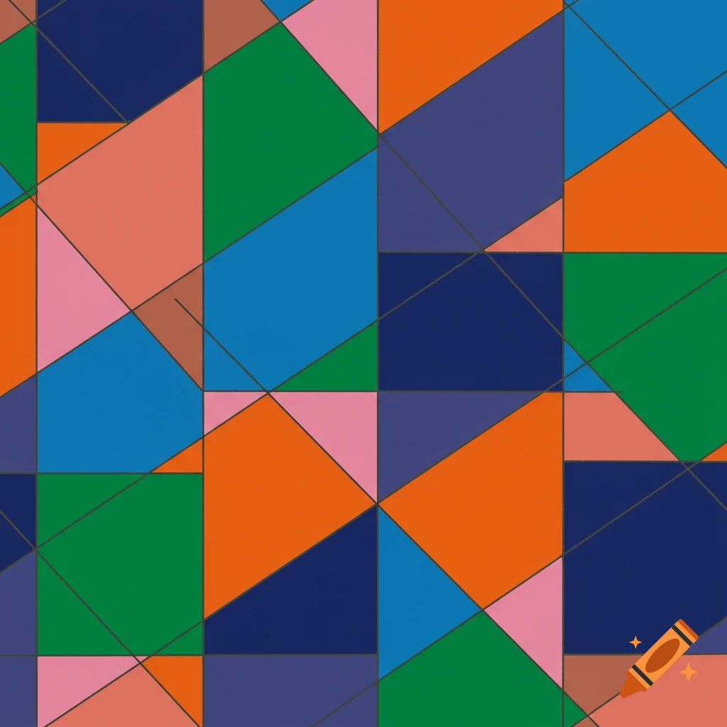 Abstract geometric pattern with squares and triangles in orange, blue, green, pink, and dark blue.