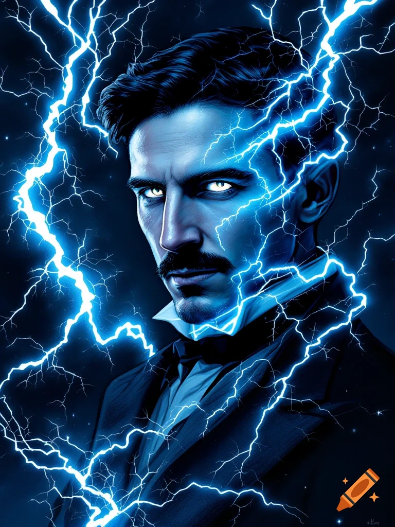 Portrait of Nikola Tesla surrounded by electric blue lightning bolts.