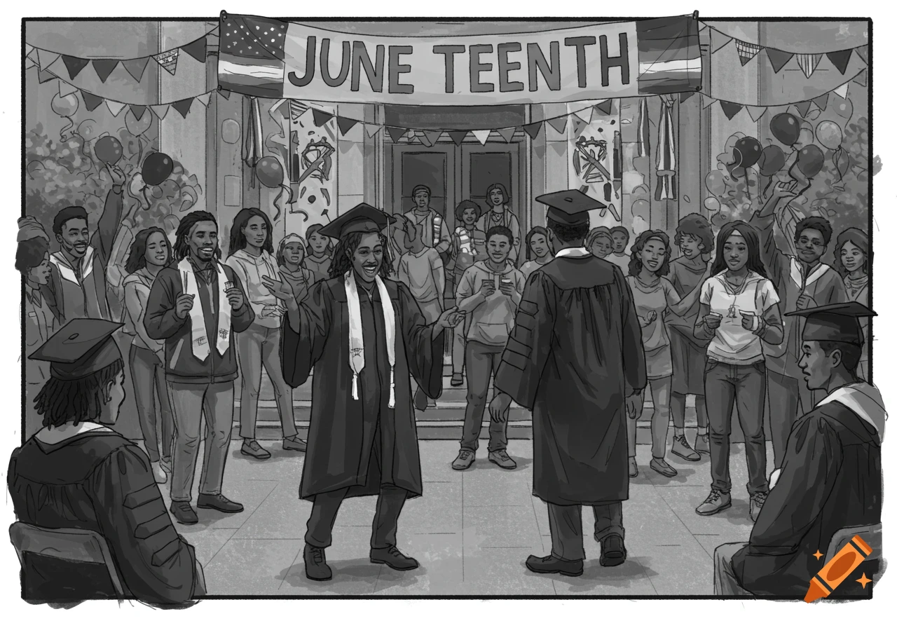 Black and white sketch of a Juneteenth graduation celebration with students.
