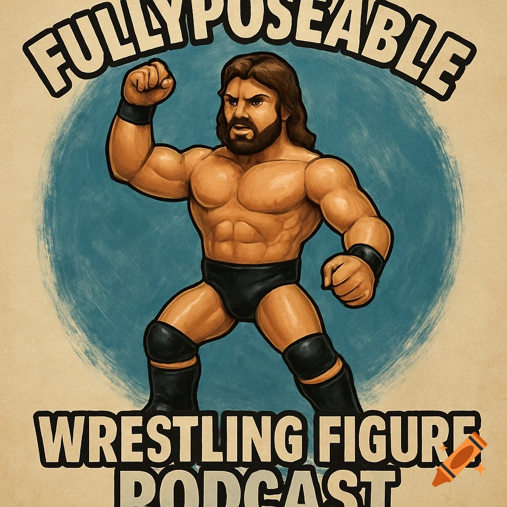 Illustration of a cartoon-style wrestler figure with 'Fullyposeable Wrestling Figure Podcast' text.